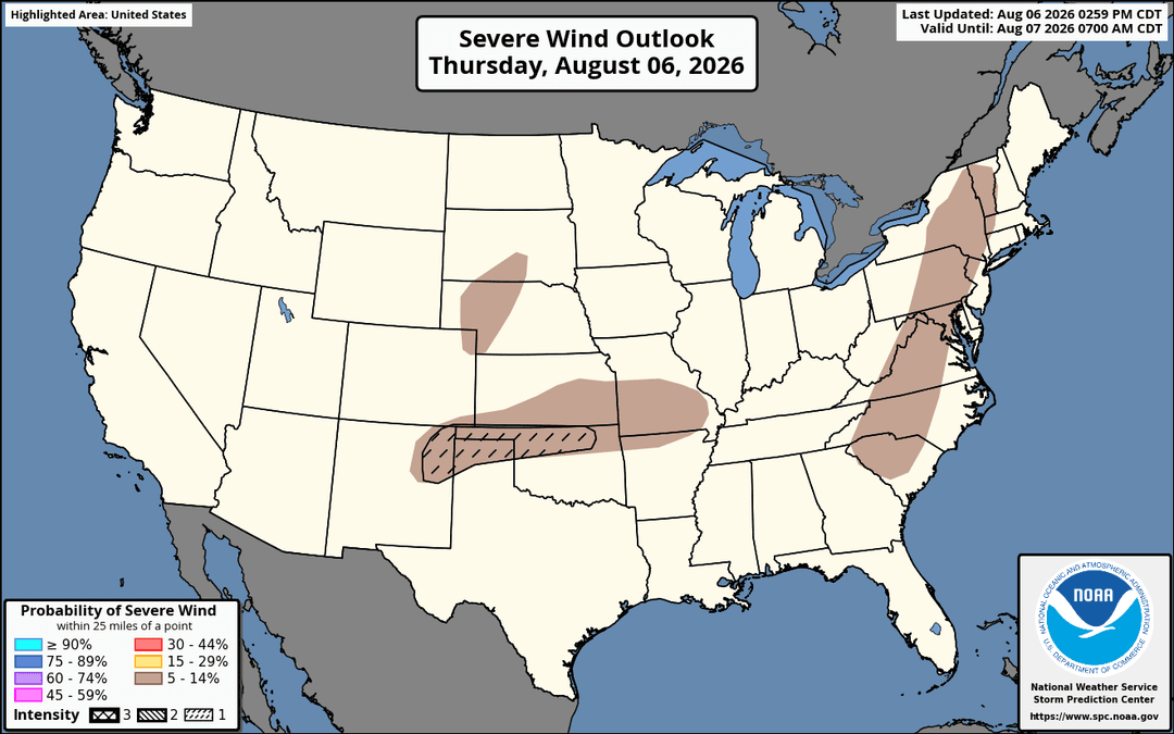 NOAA SPC day 1 wind probability outlook map